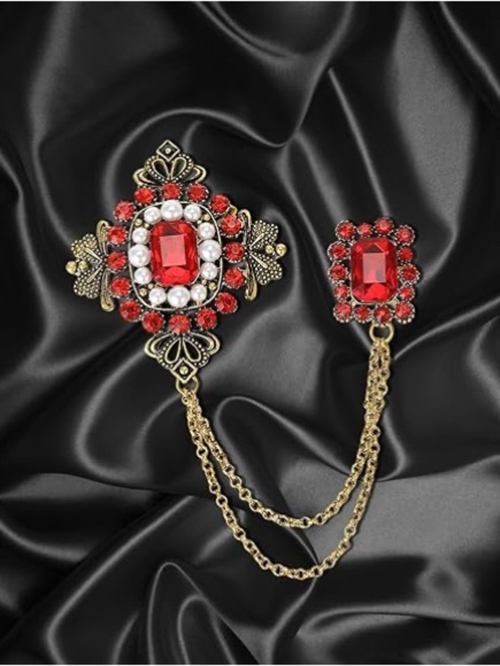 Gold-Tone Red Crystal and Pearl Decorative Chain Brooch